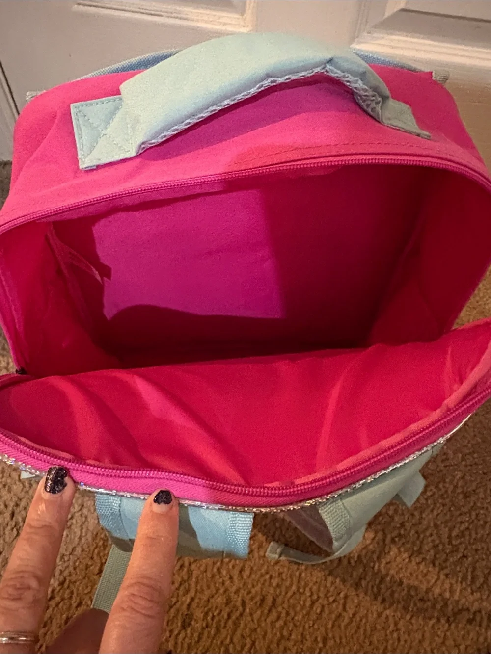 Girls' Pink & Light Blue Mountain Print play scene backpack